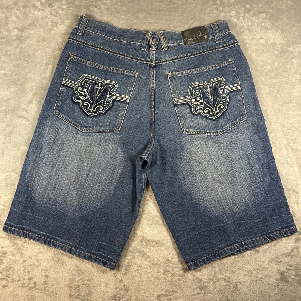 Imperial Mens Baggy Denim Shorts Size 36 Blue Y2K Gothic Embroidered Jorts
